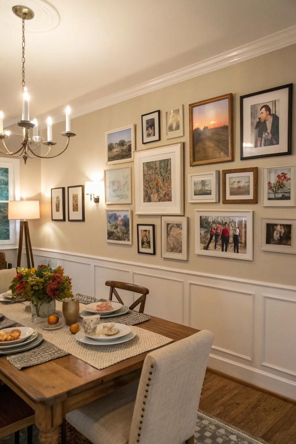 A photo display can make your dining room feel personal and inviting.