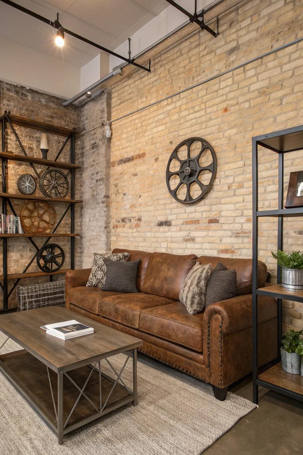 Industrial touches append a fashionable edge to the chocolate-brown sofa area.