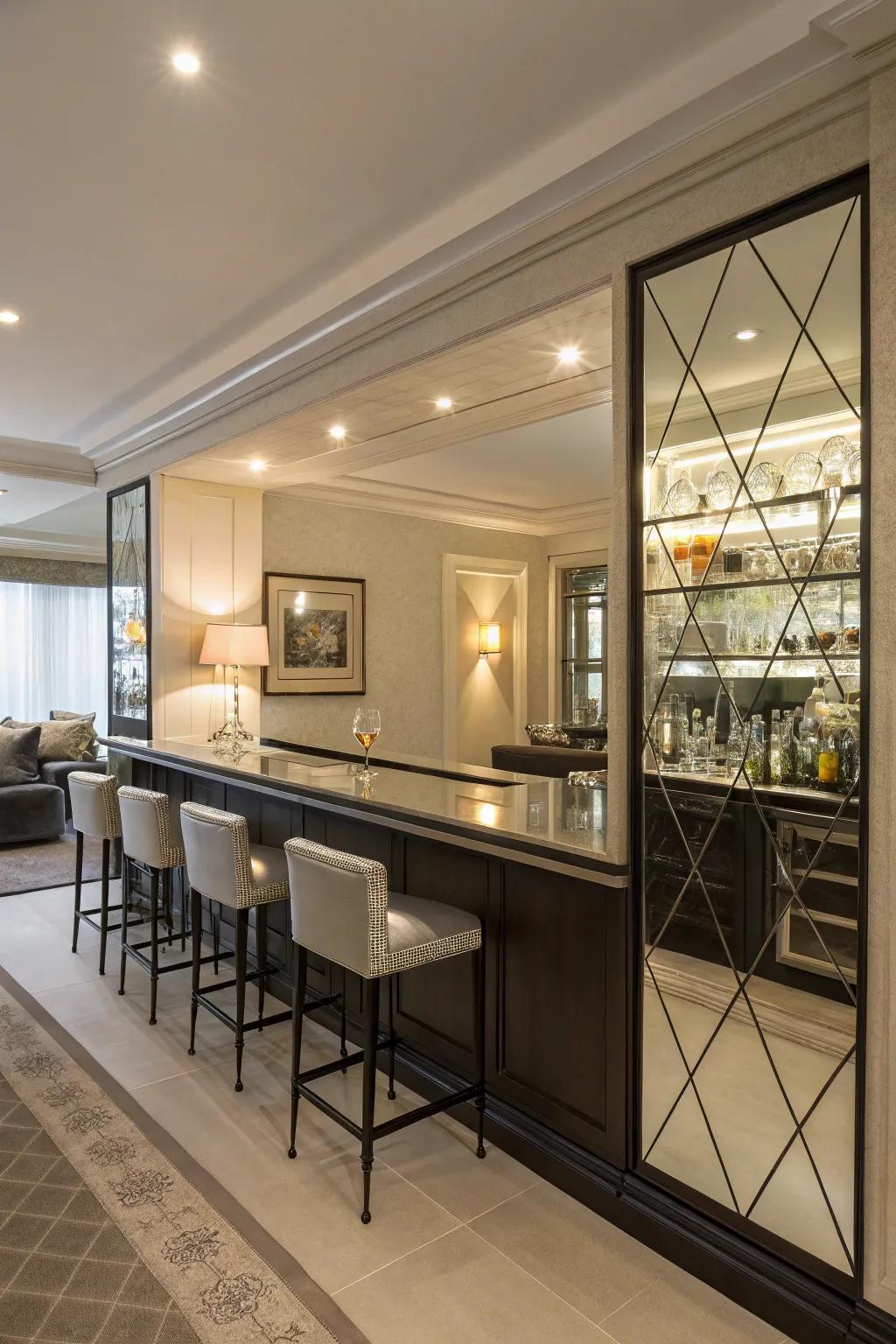 A mirrored backsplash adds depth and light to this stylish bar.