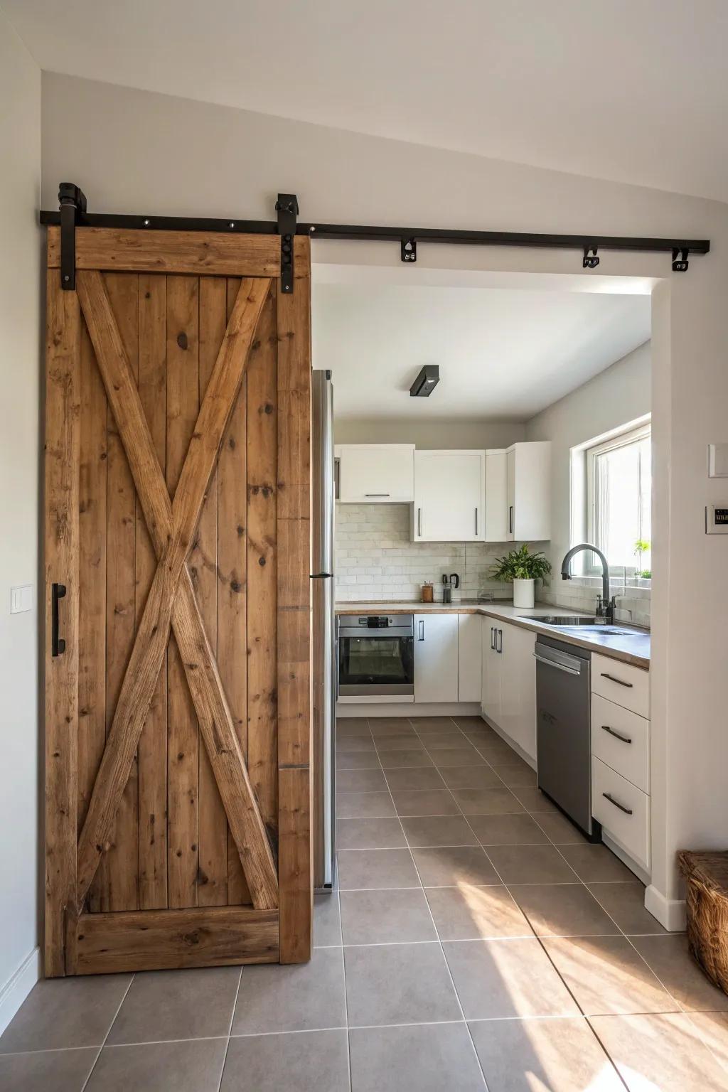 Sliding barn doors optimize space in smaller rooms.