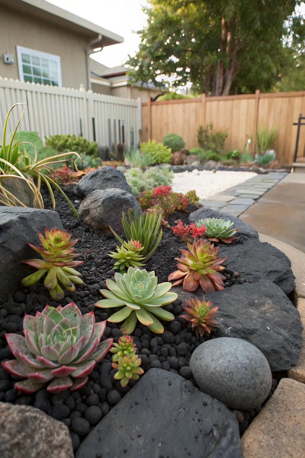 Succulents thriving in a modern dark stone bed.