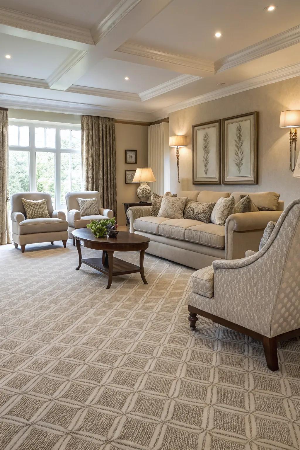 Elegant living room showcasing layered neutral-toned carpets for added depth.