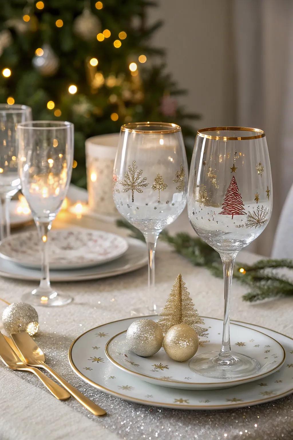 Refined glassware featuring festive motifs introduces sparkle to the table.