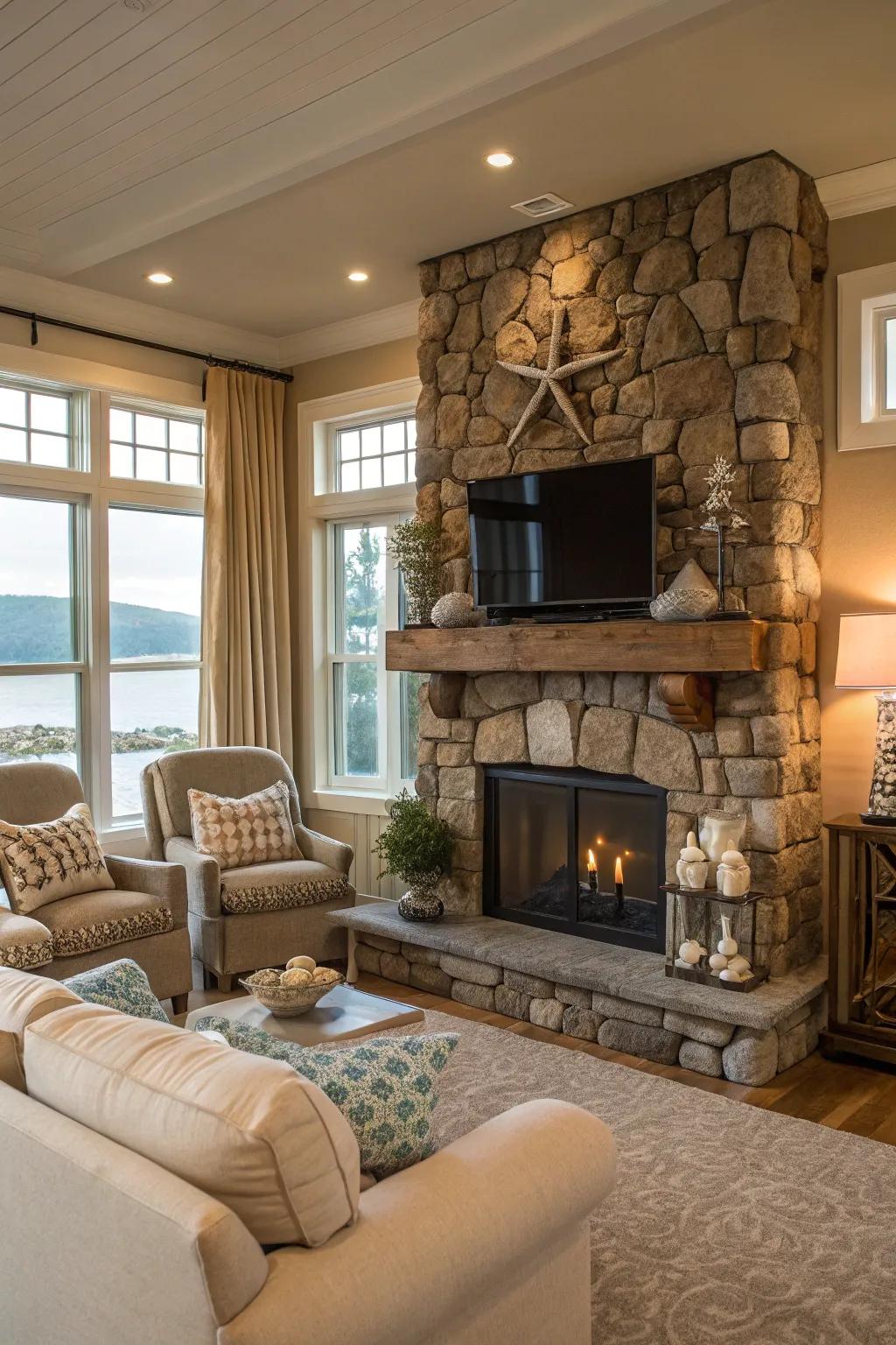 A stone fireplace provides warmth and style.