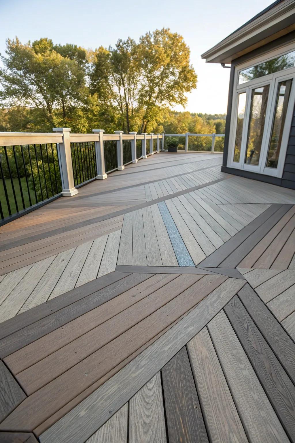A deck featuring a lively layout with multi-width decking planks.