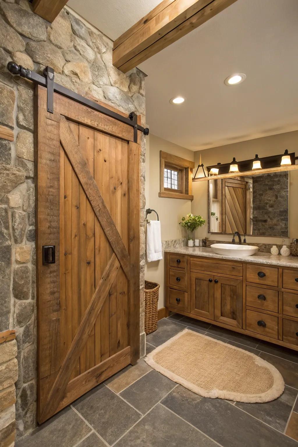 Sliding barn doors offer country charm and space-saving functionality.