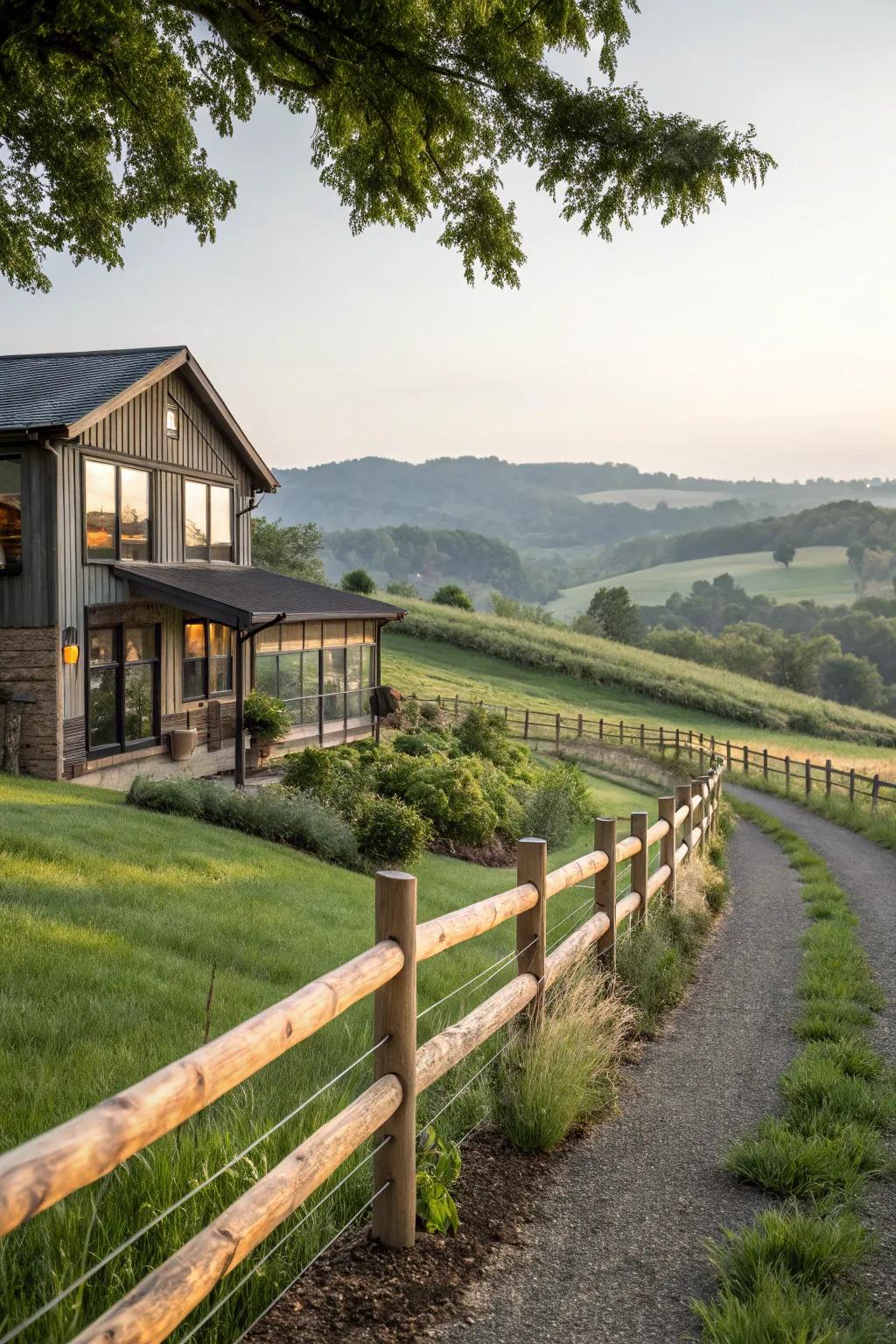 A rustic cleft rail fence adds countryside charm to this modern farmhouse.