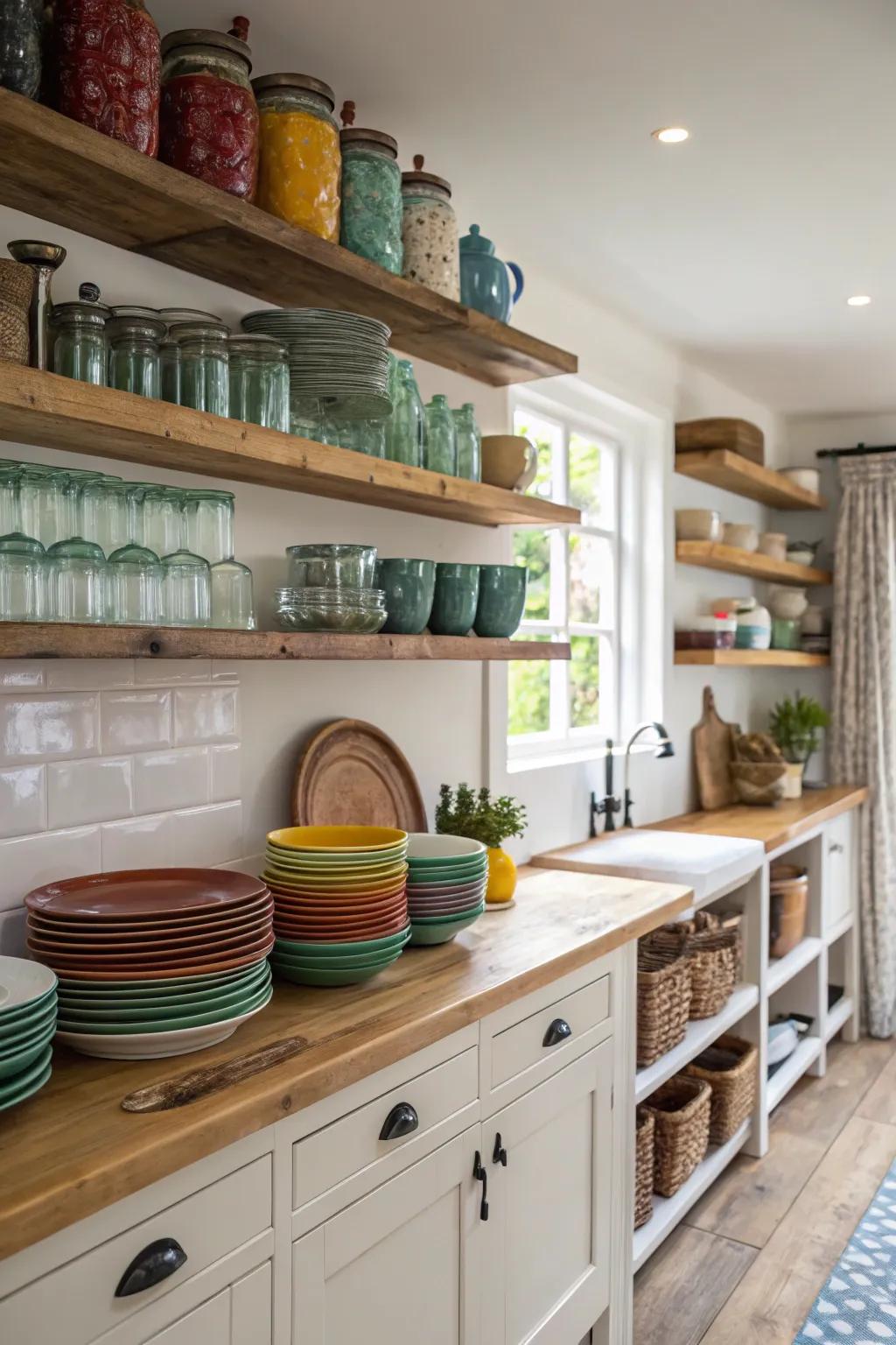 Open shelving adds personality and functionality to this farmhouse kitchen.