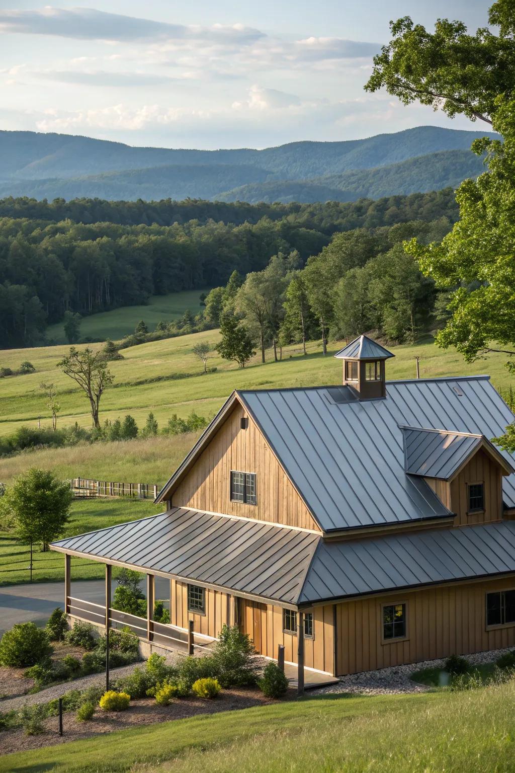Subtle sophistication: A farmhouse featuring a ground-toned metal roof.