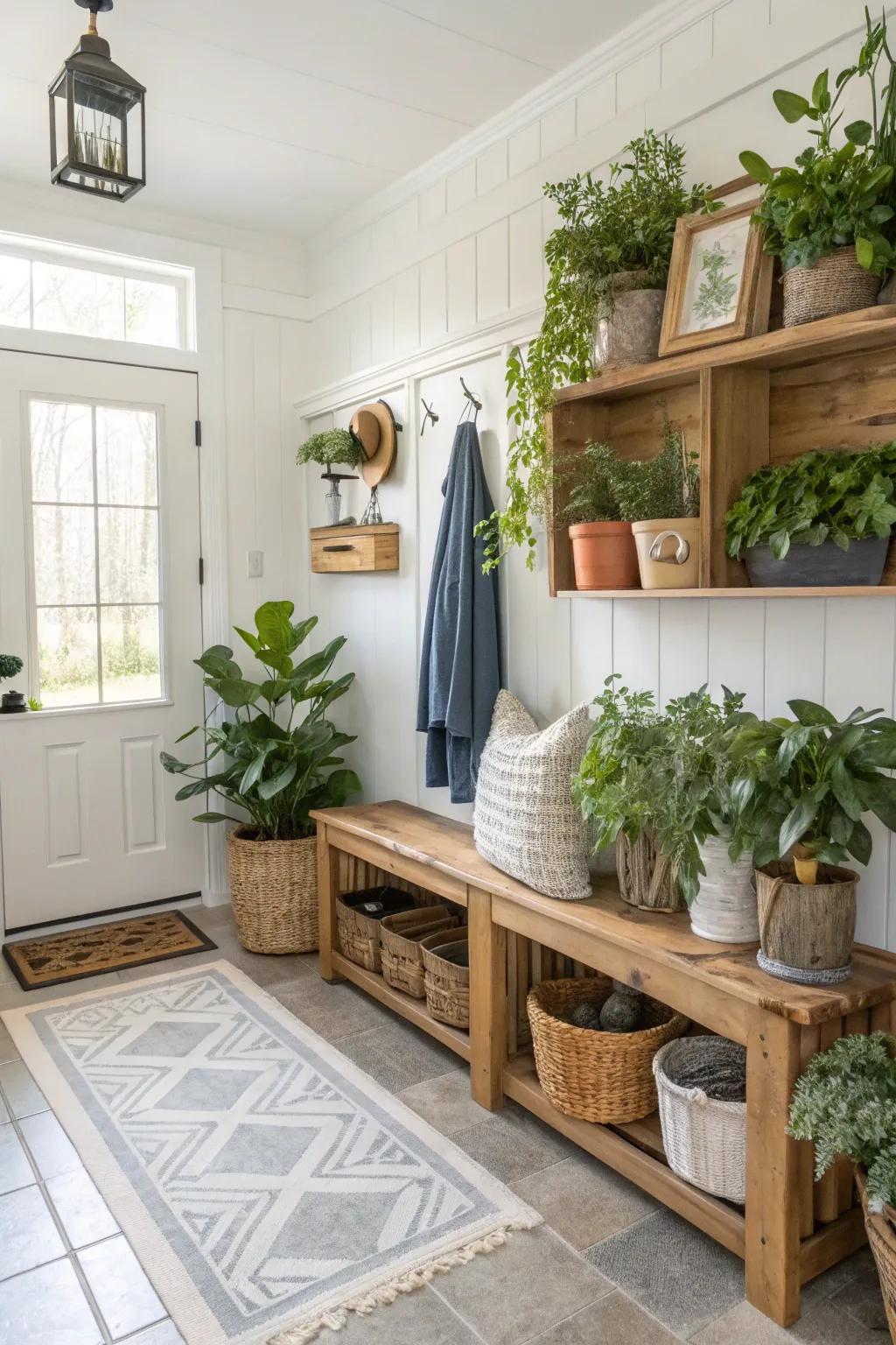 Lively mudroom with fresh greenery.