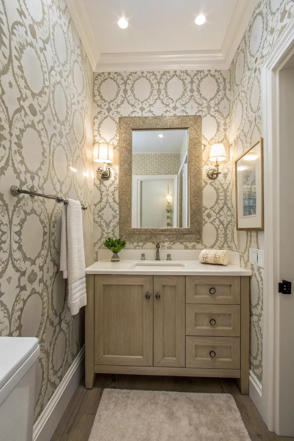 Soft patterned wallpaper accent in a powder room.