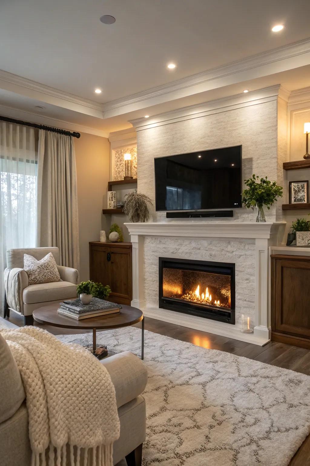 Elevated TV borders establish a cohesive tech and décor fusion.