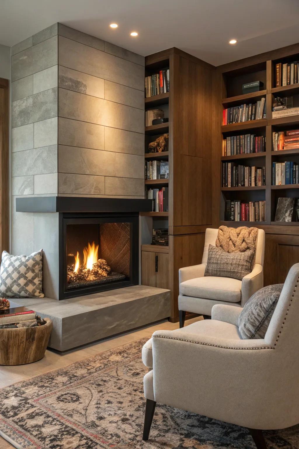 A corner fireplace that transforms an unused space into a cozy retreat.