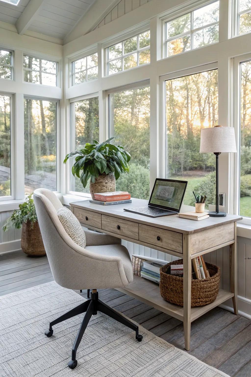 A sunroom transformed into a home office, blending productivity with nature.