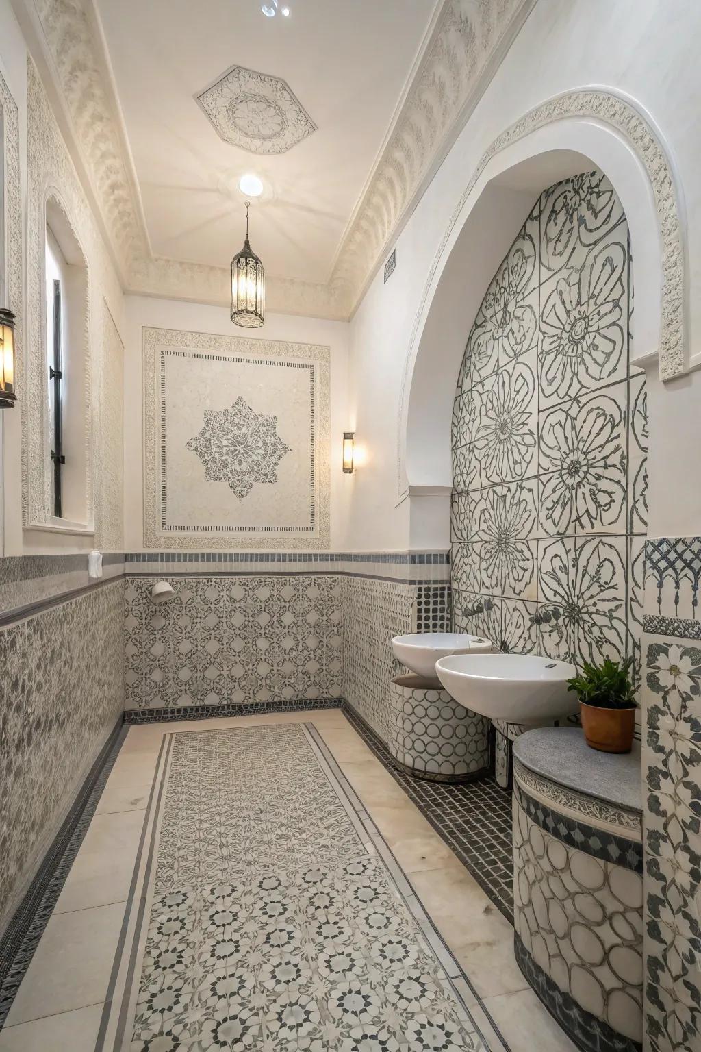 Unique tiling designs infuse creativity and interest into the bathroom design.