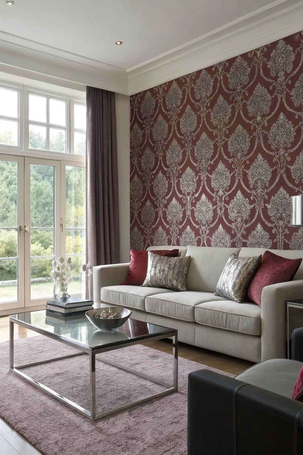 Living room with burgundy and grey patterned wallpaper and contemporary furniture.