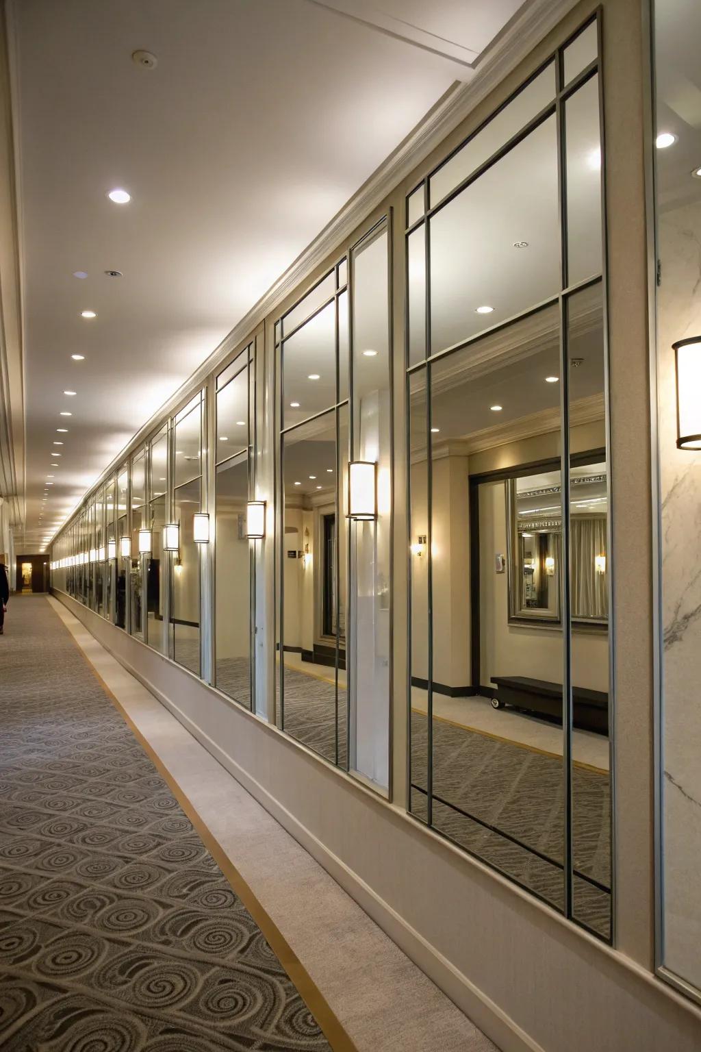 Reflective panels across a half wall enhance both illumination and space.