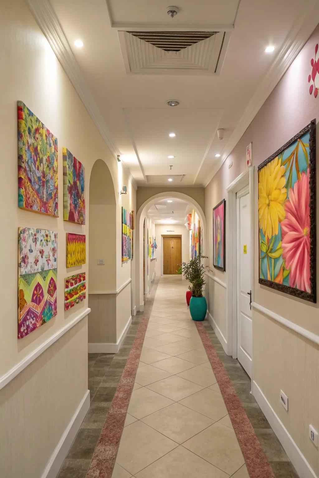 Unexpected bursts of shade bring a lively touch to the hallway.