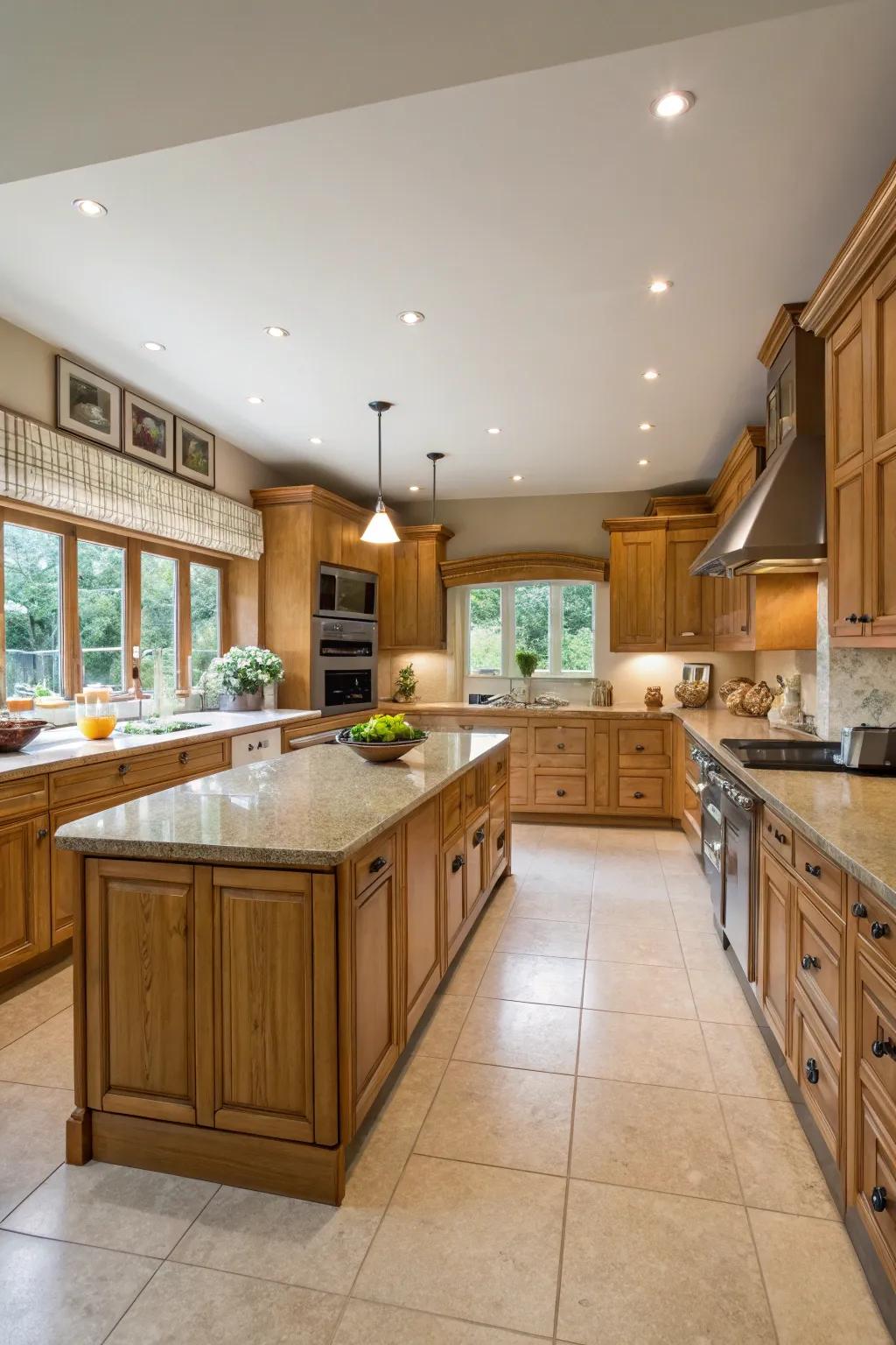 A U-shaped design maximizes area and storage in kitchens featuring oak cabinets.