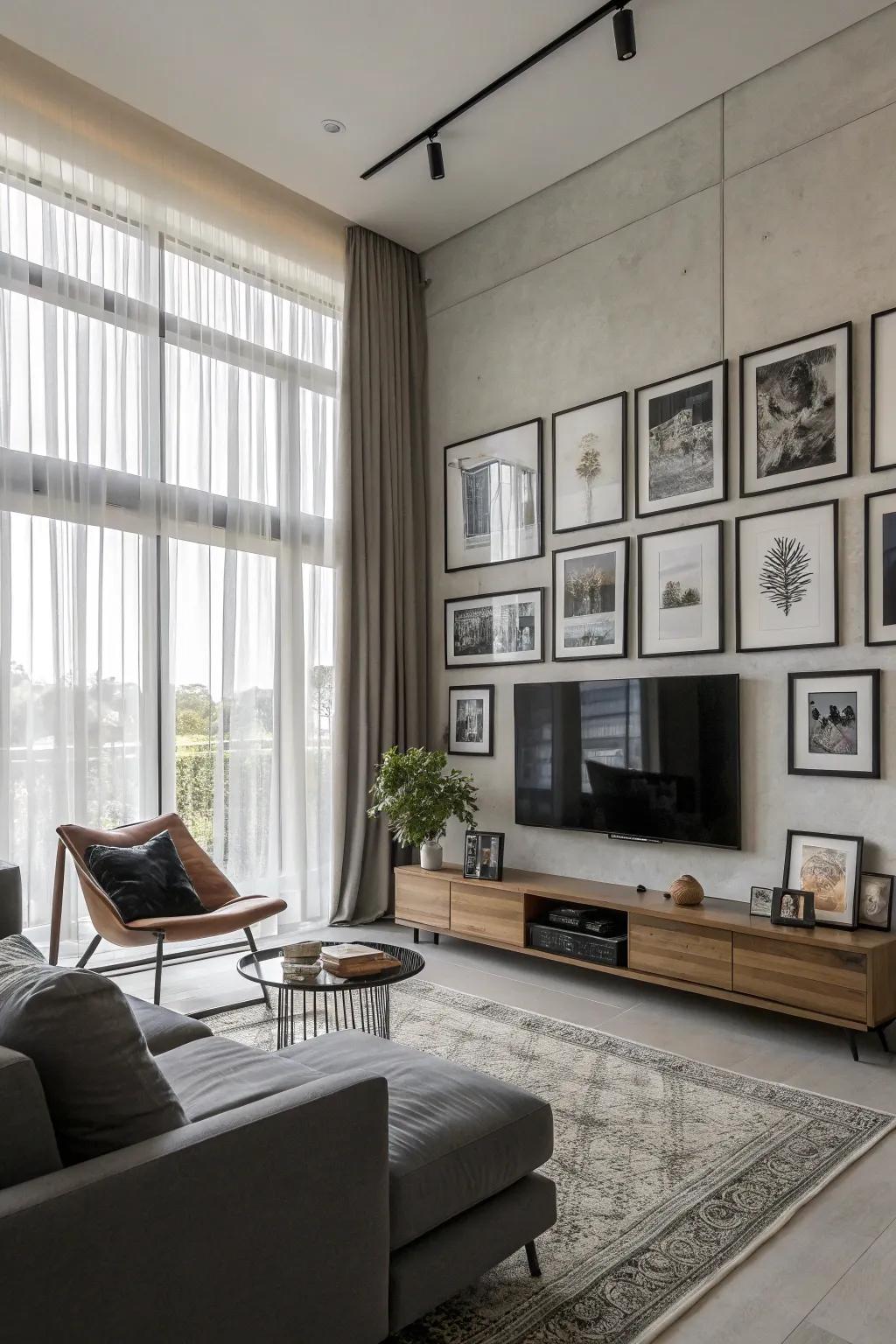 An artistic wall integrates the TV into an artistic display.