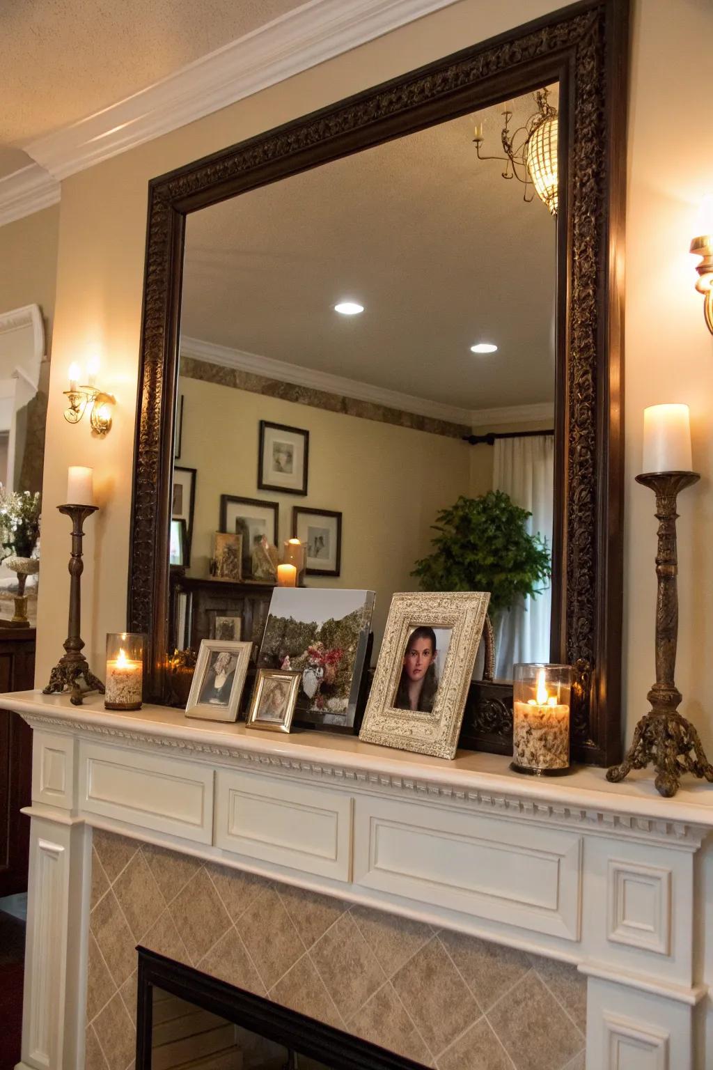 Mirrors on the mantel enhancing light and space within a room.