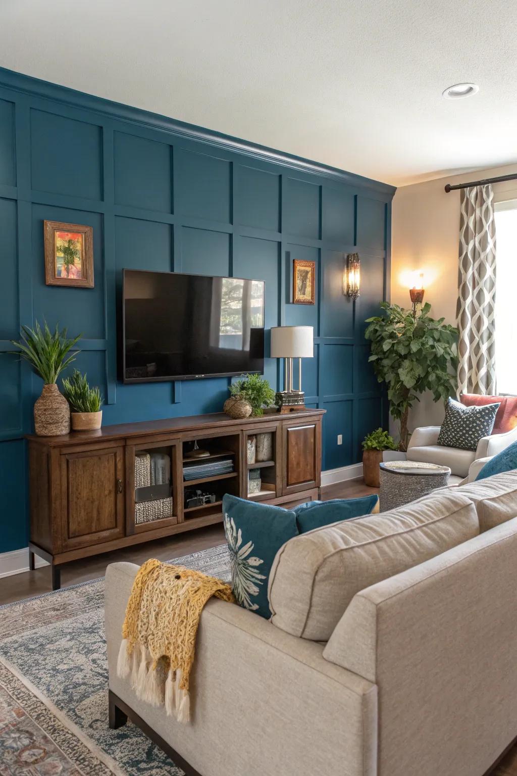 A painted accent wall crafting a striking and bold media wall.