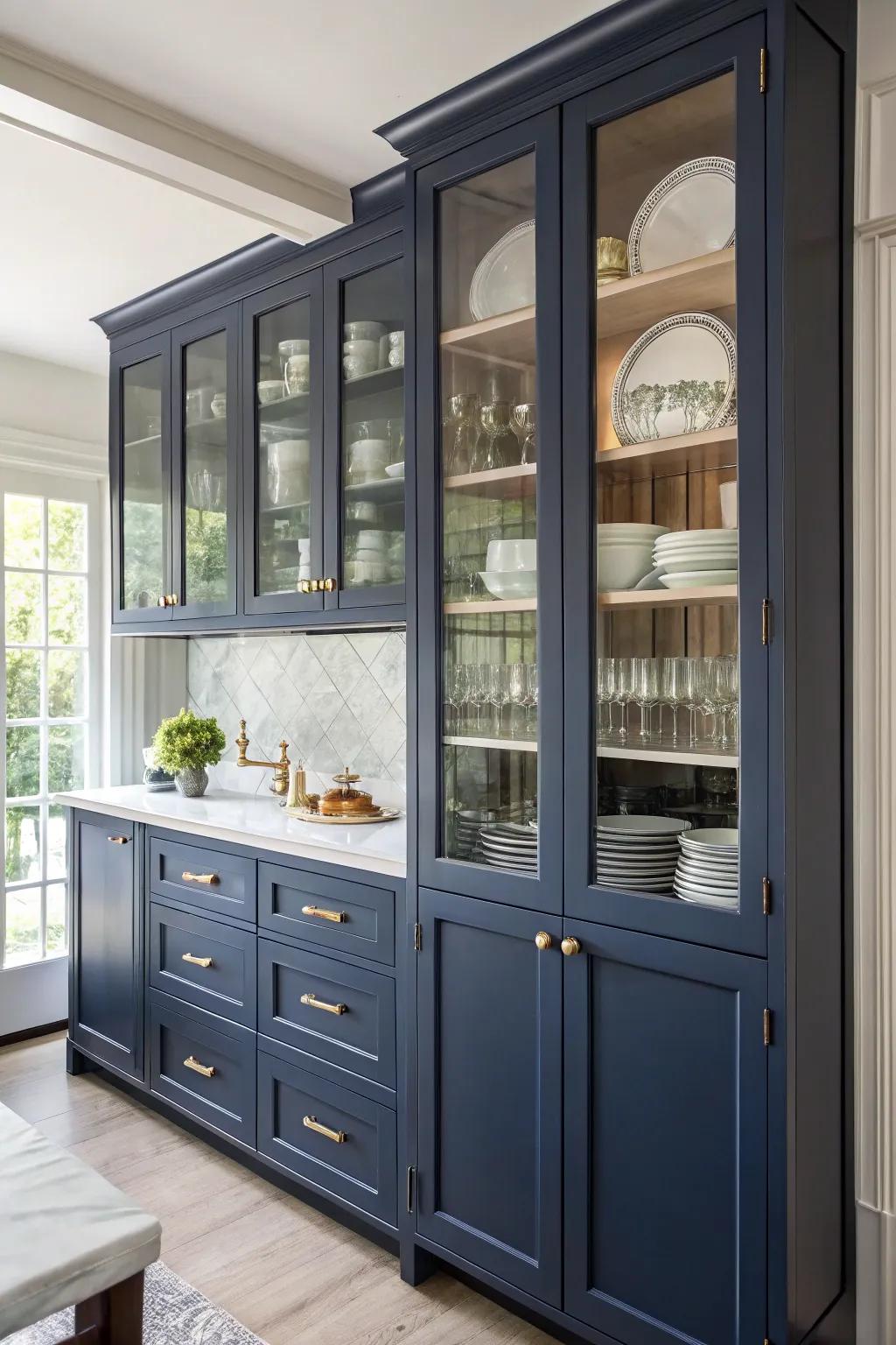 Glass panels lighten the appearance of deep sea-inspired cabinets, adding transparency.