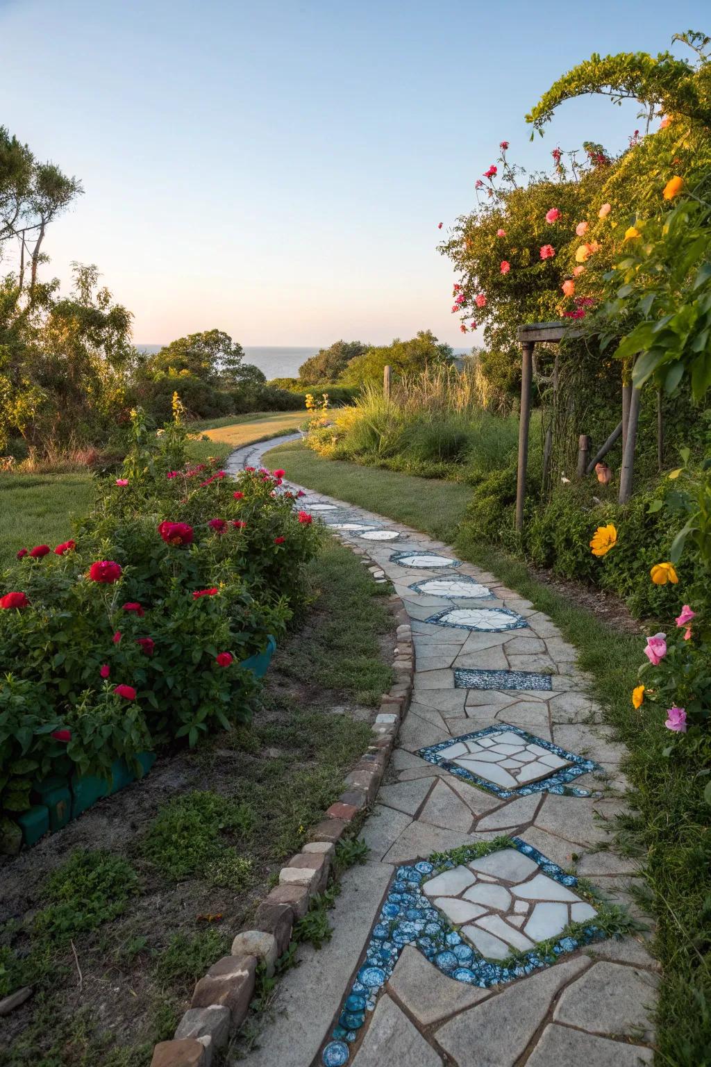 A garden path employing unconventional materials for a contemporary and unique aesthetic.