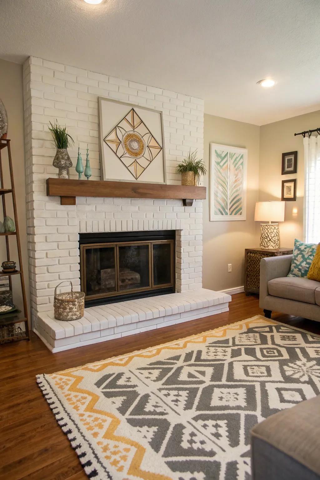 Symmetrical painted brick fireplace offering harmony and balance.
