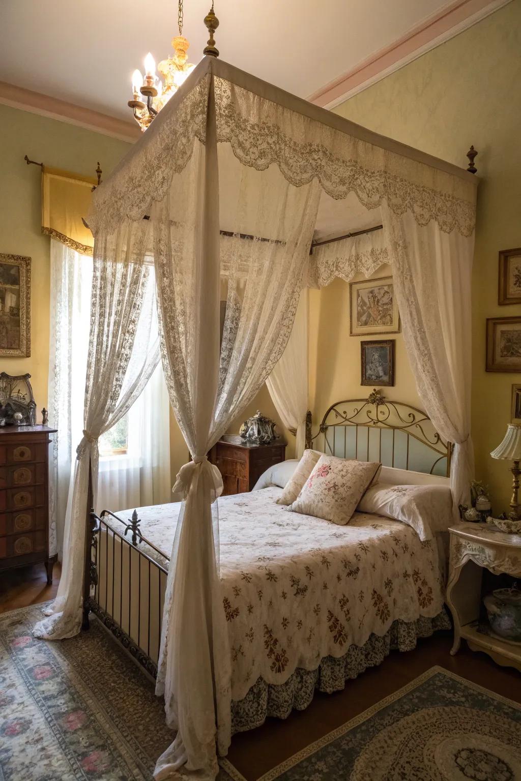 Lace accents add a delicate and romantic touch to a shabby chic bedroom.