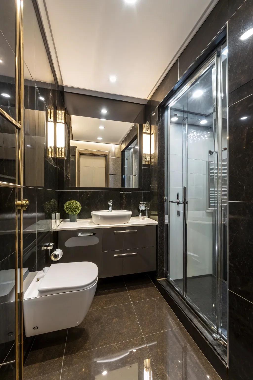 High-gloss finishes add a luxurious feel to this small bathroom.