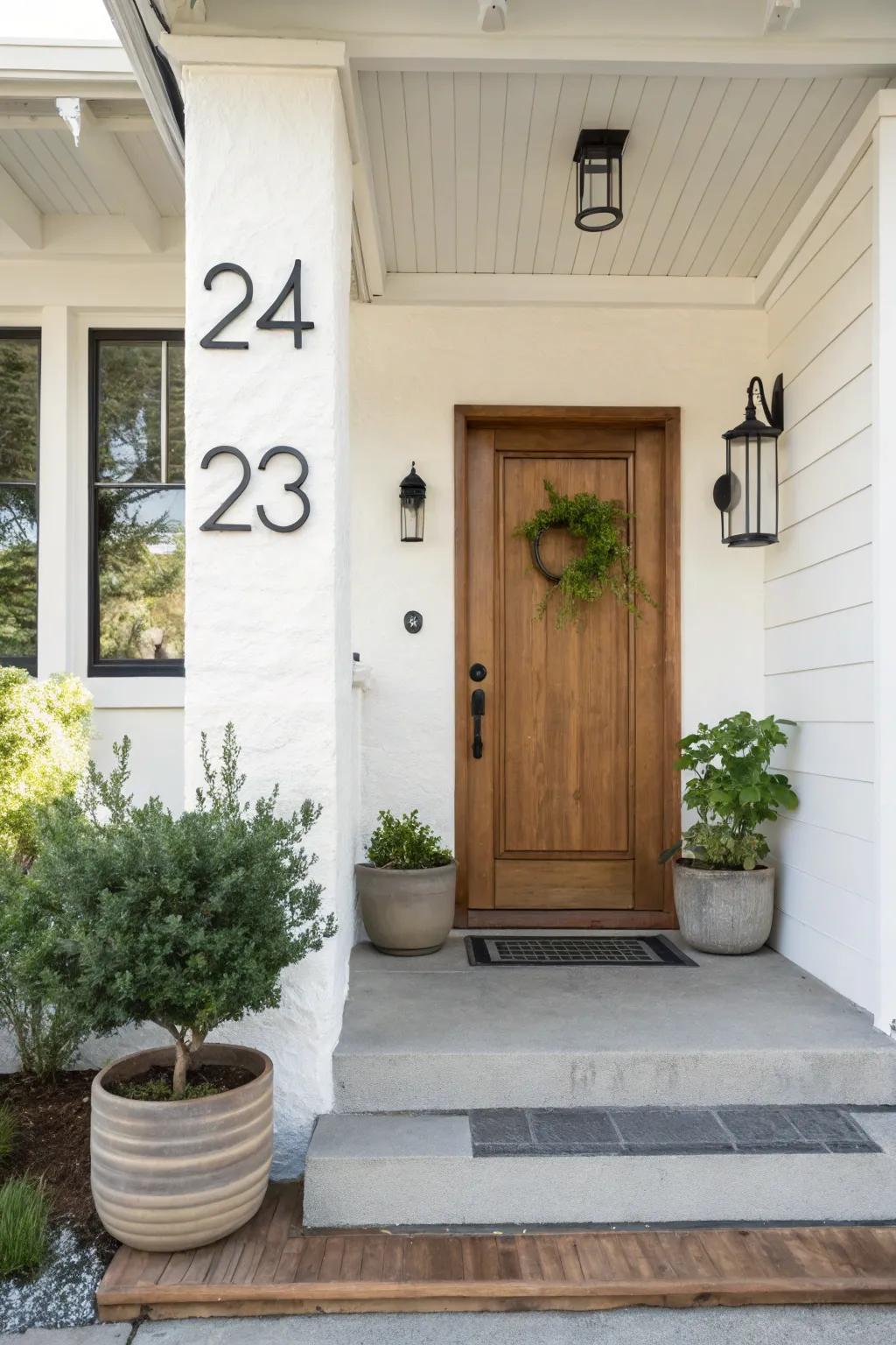 A compact front porch with sleek, streamlined residence numbers for a contemporary touch.
