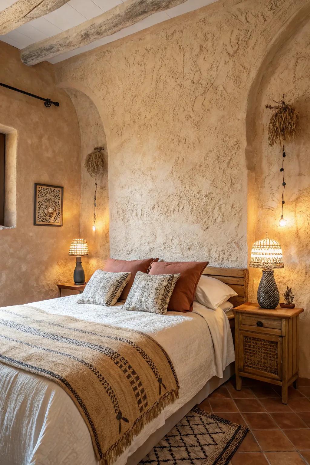 Textured cement walls contribute rustic depth to a modern Spanish bedroom.