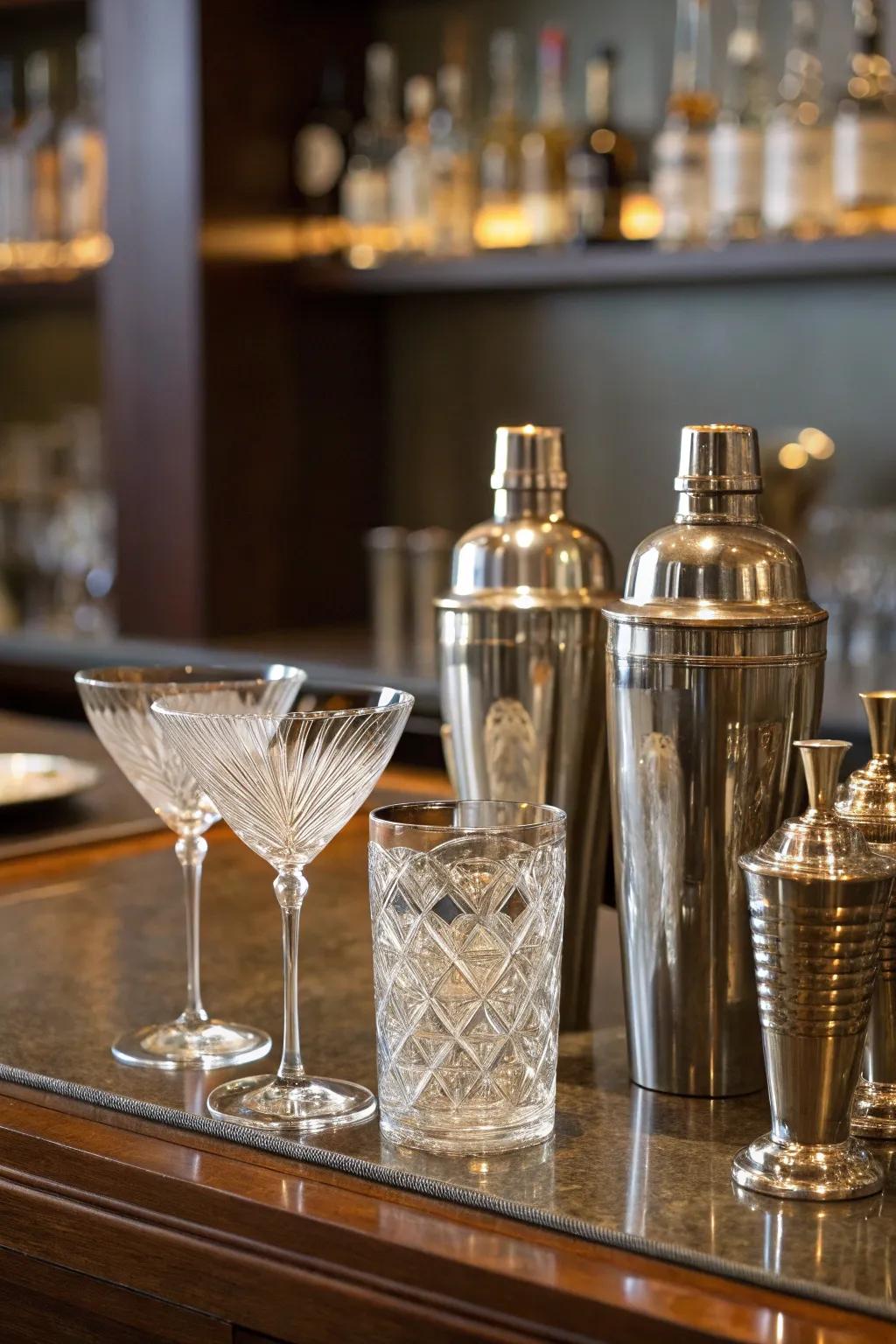 Hand-picked aged drinking accessories elevate the authenticity of your speakeasy.