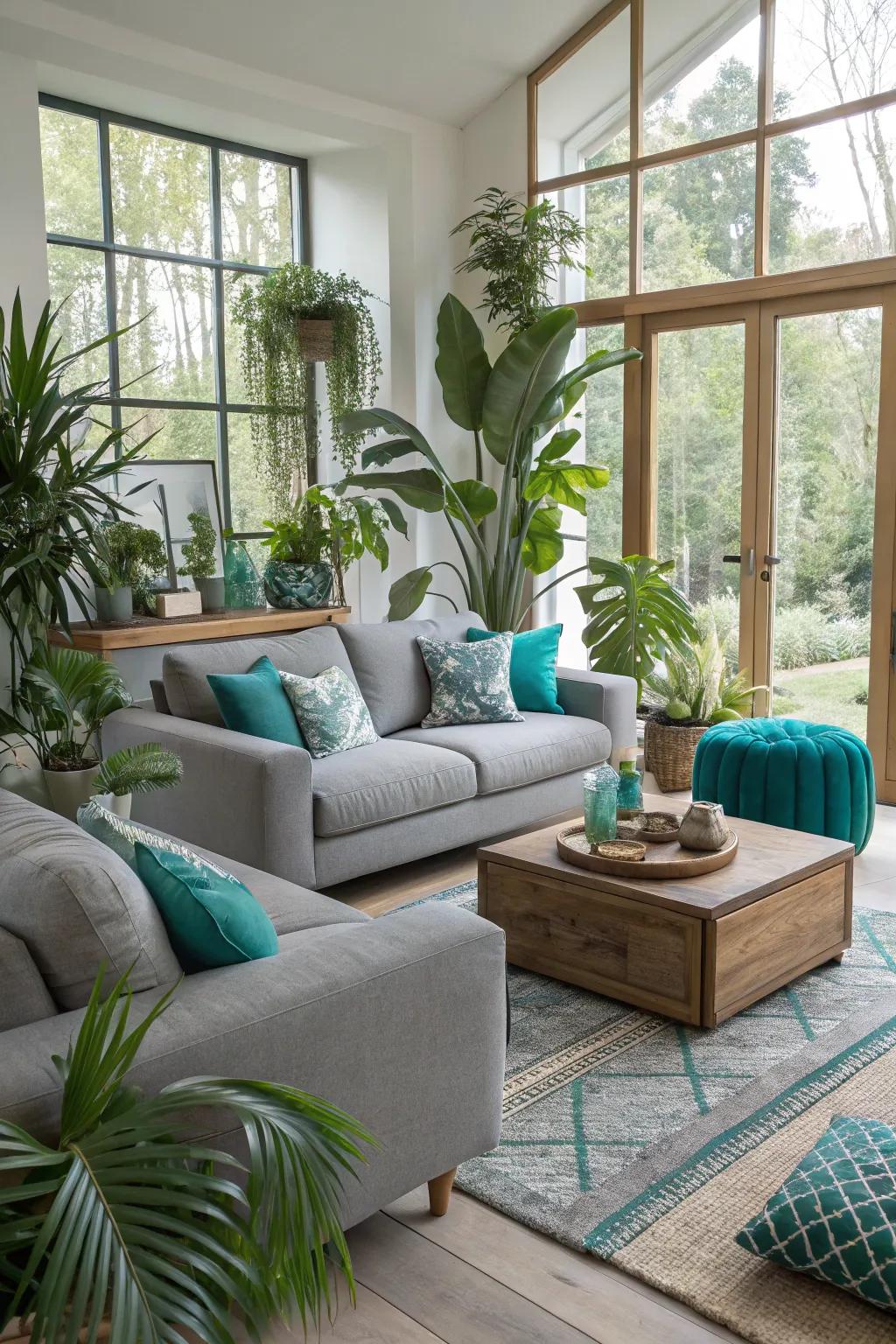 Greenery adds freshness to a teal and gray living space.