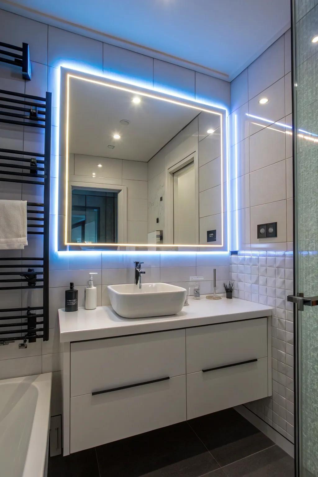 Futuristic LED strips add a modern edge to bathrooms.