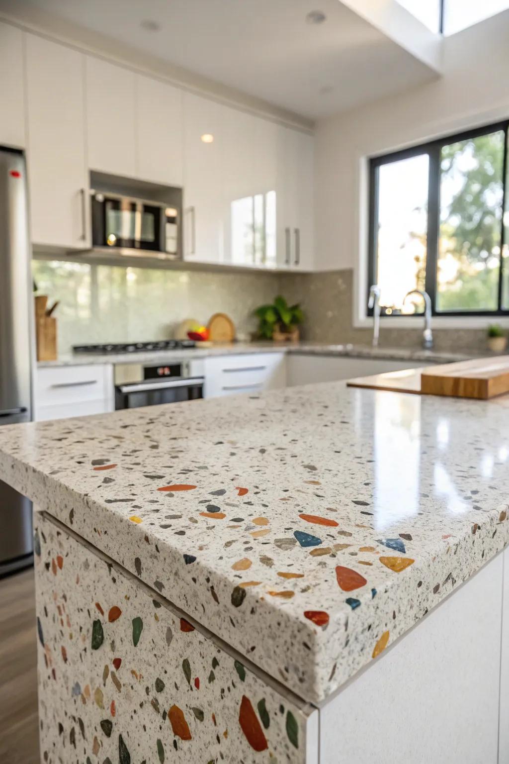 Terrazzo countertops introduce a playful mid-century flair.