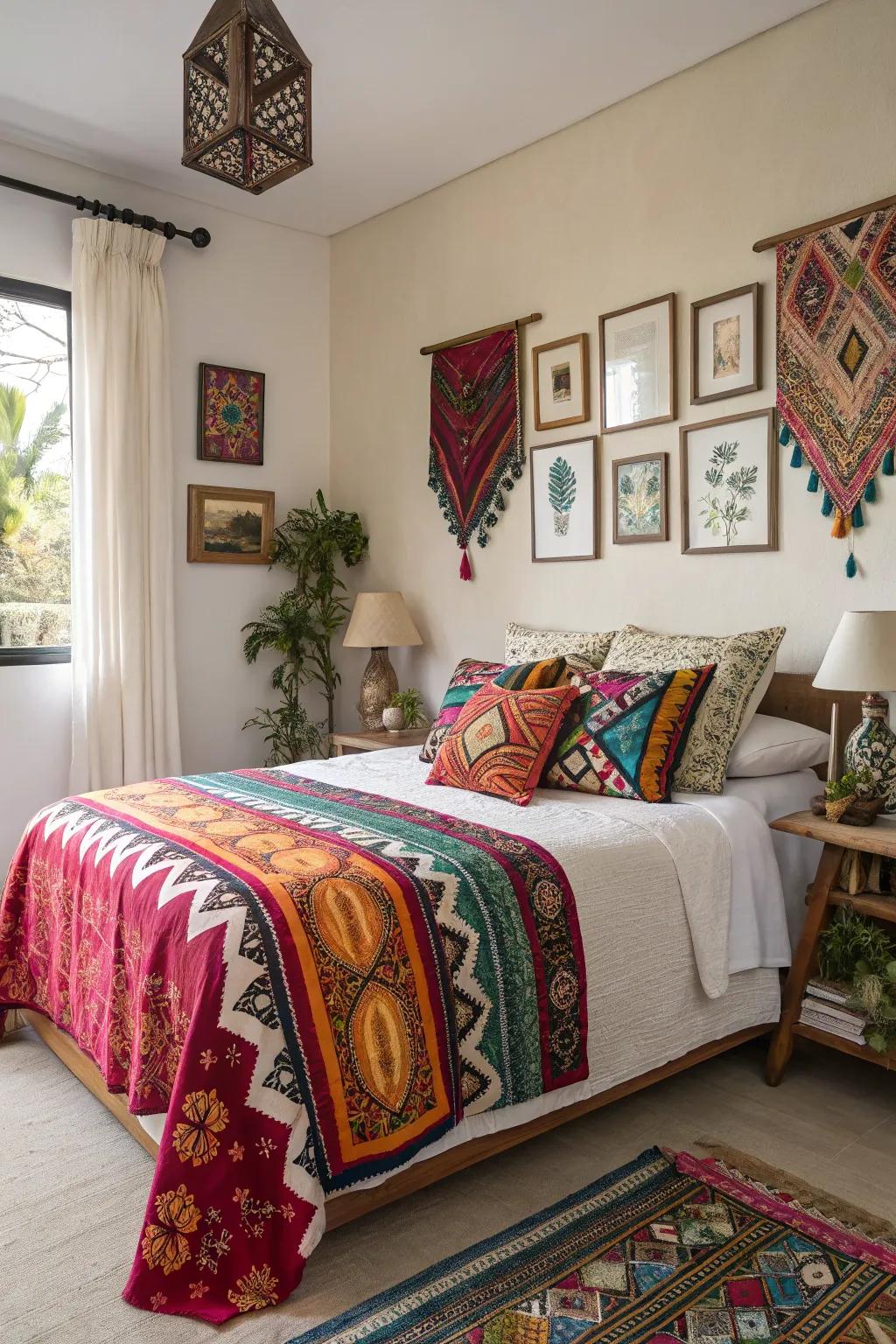 A bedroom featuring worldwide textiles and patterned throws.