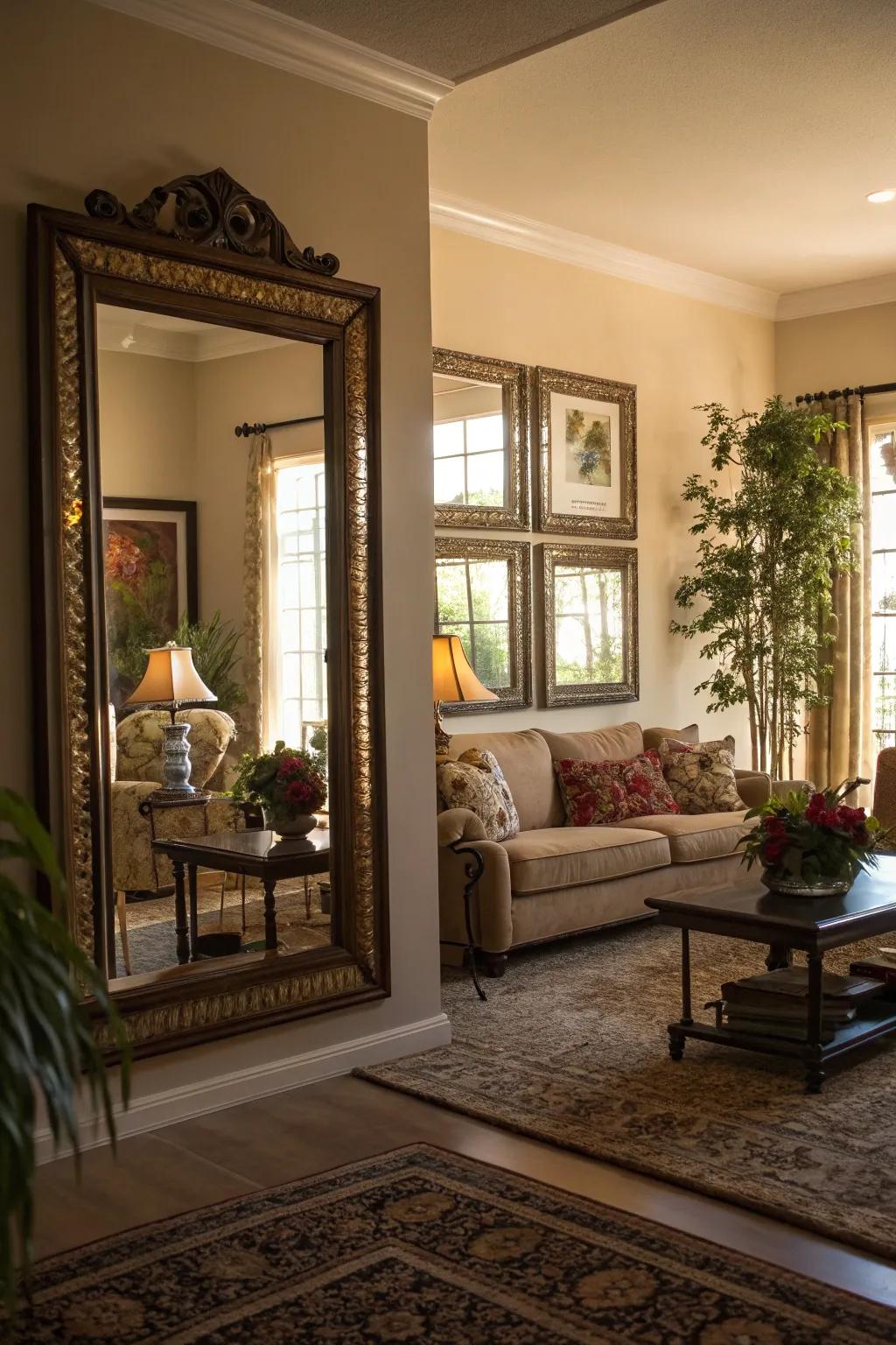 Reflective surfaces enhancing light in an atmospheric living space.