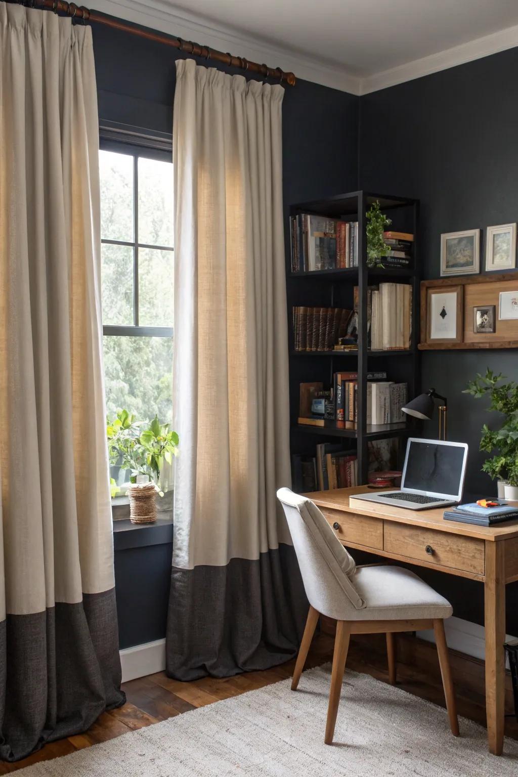 Layered window decor adds depth and controls light and privacy.