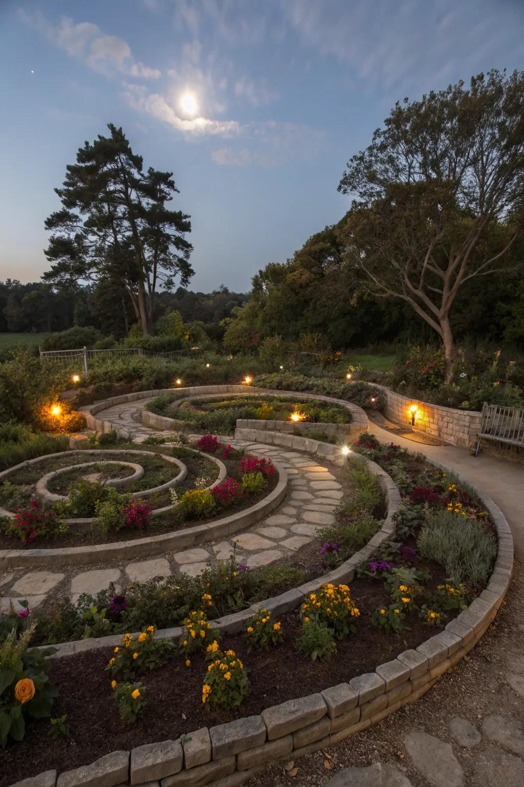 Circular planting designs connect the garden to the cosmos.