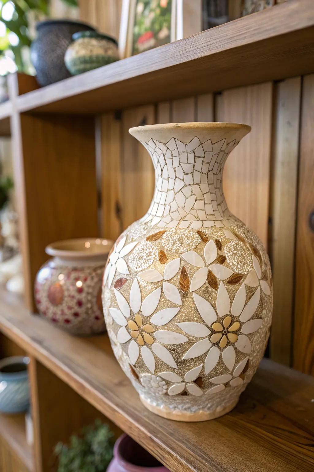 Eggshells create a subtle, textured mosaic appearance.