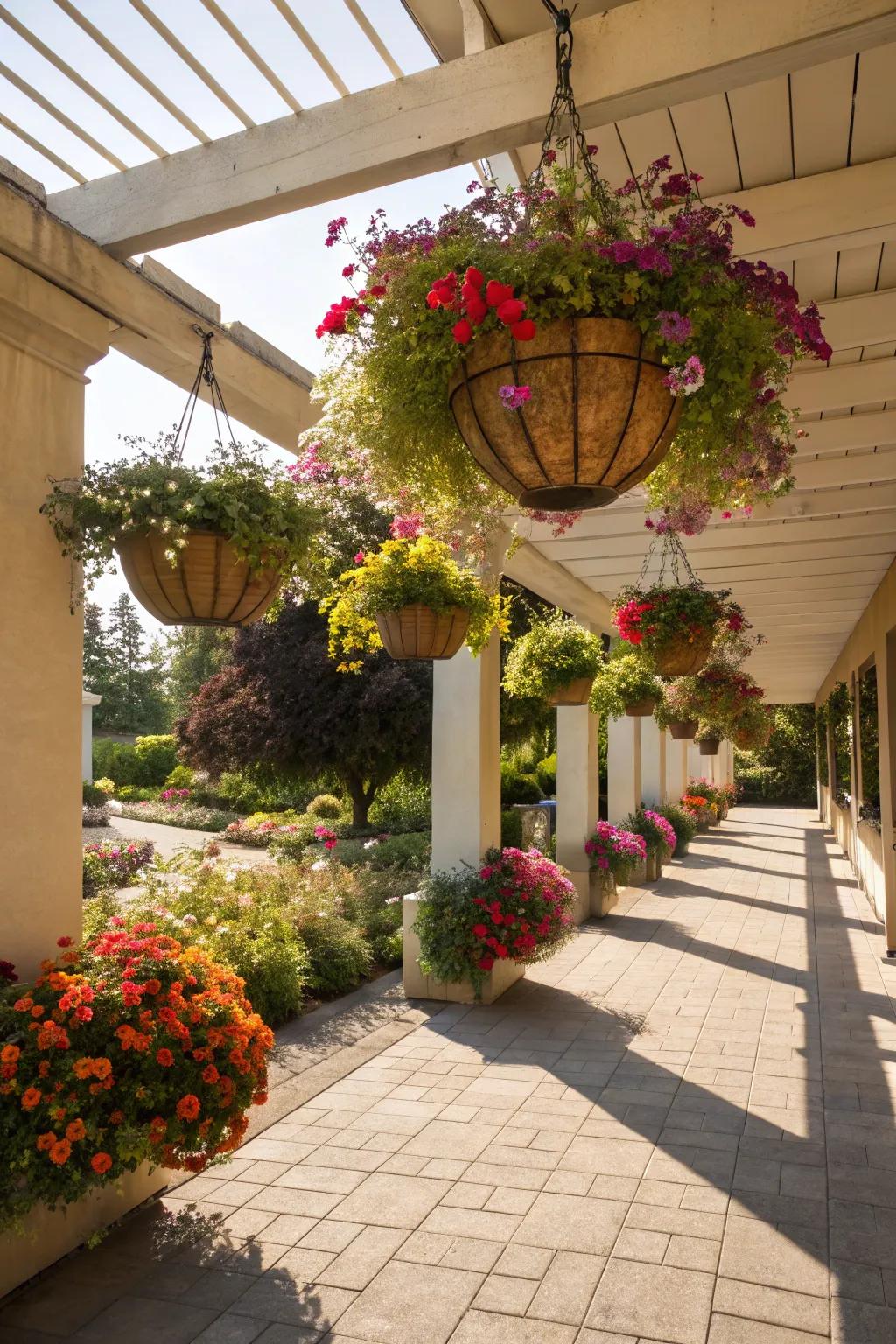 Hanging flower baskets transforming external spaces into rich gardens.