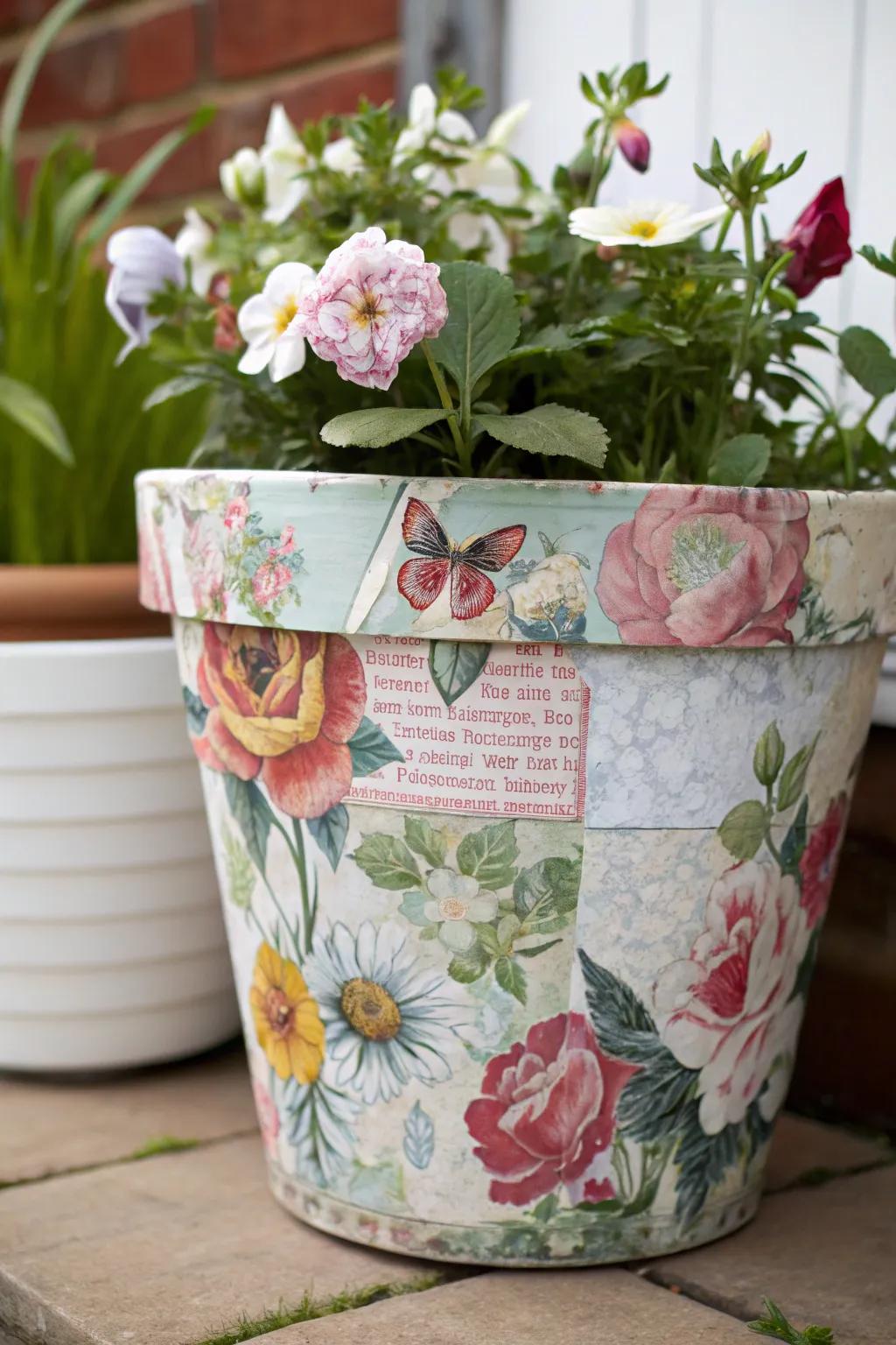A flower pot transformed using artwork art.