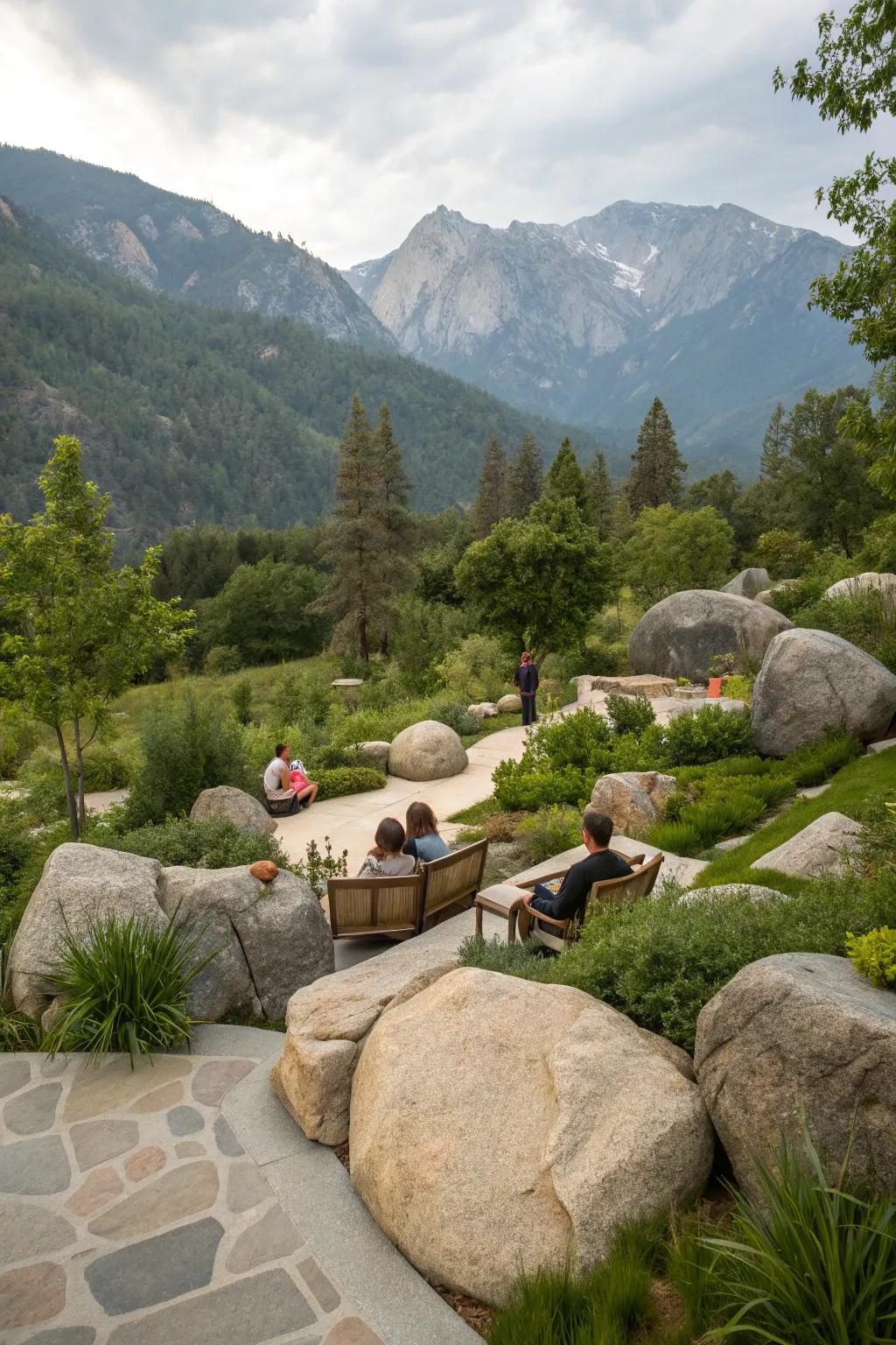 Massive rocks provide natural seating and focal points in the garden.