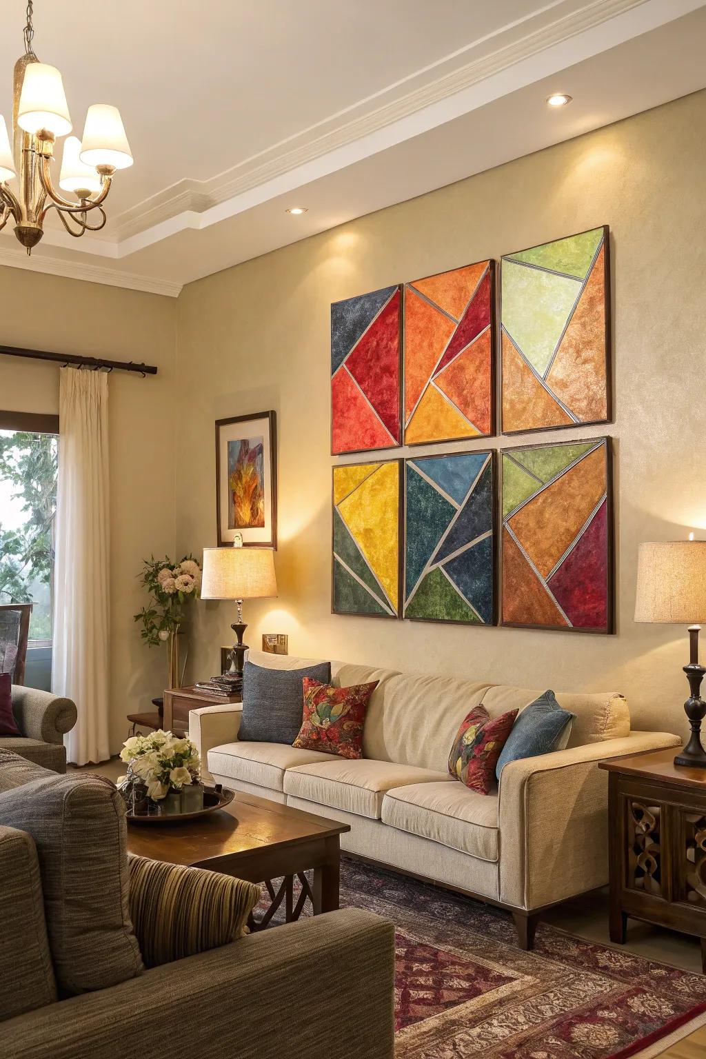 Connecting abstract works across numerous canvases, building a strong statement within the family room.