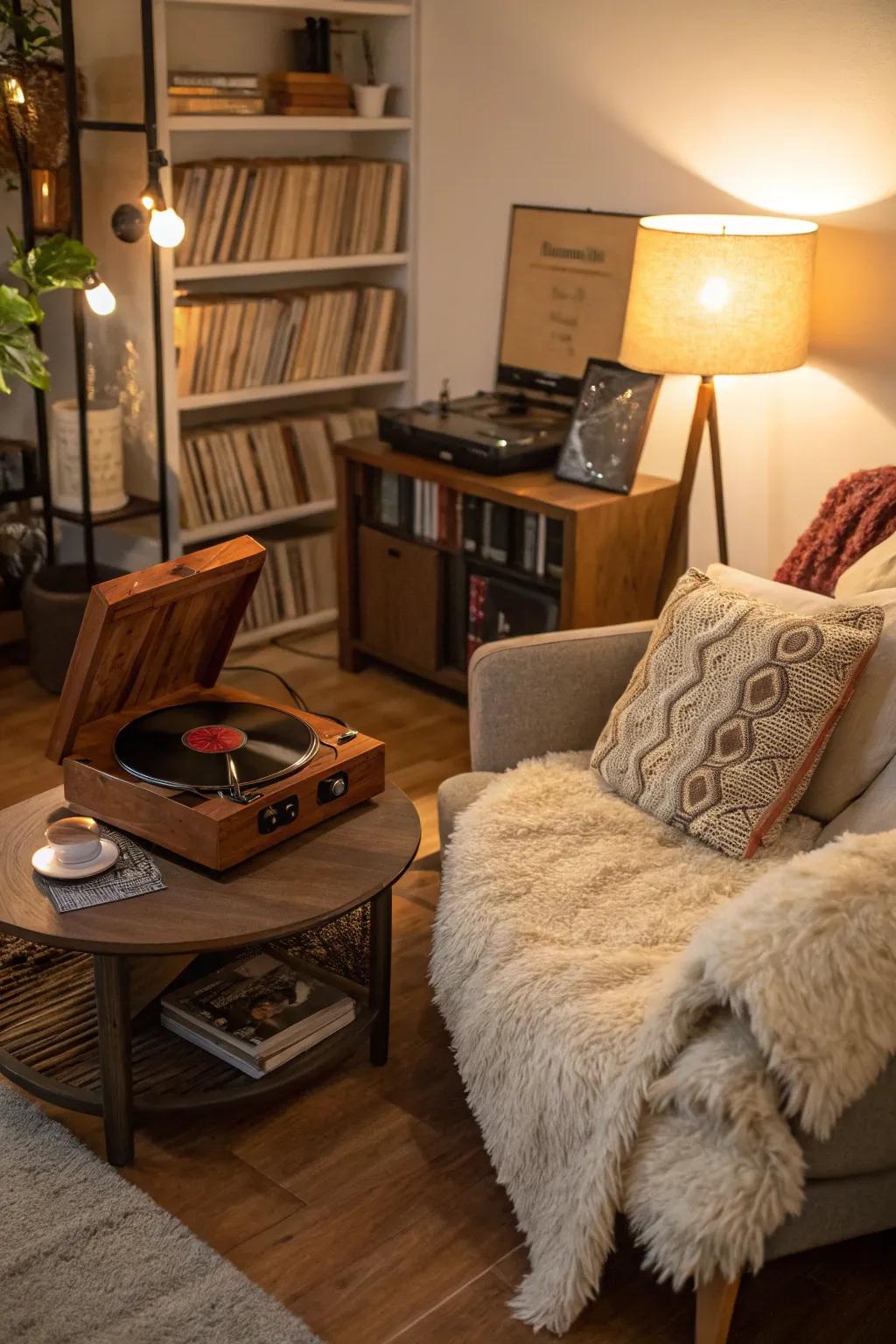 A dedicated listening nook provides a personal retreat for musical enjoyment.