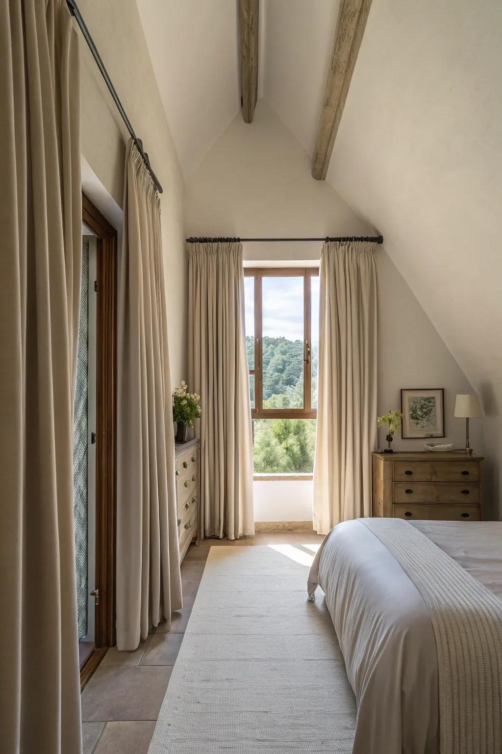 Elevated window drapes enhancing the feeling of height in a slender bedroom.