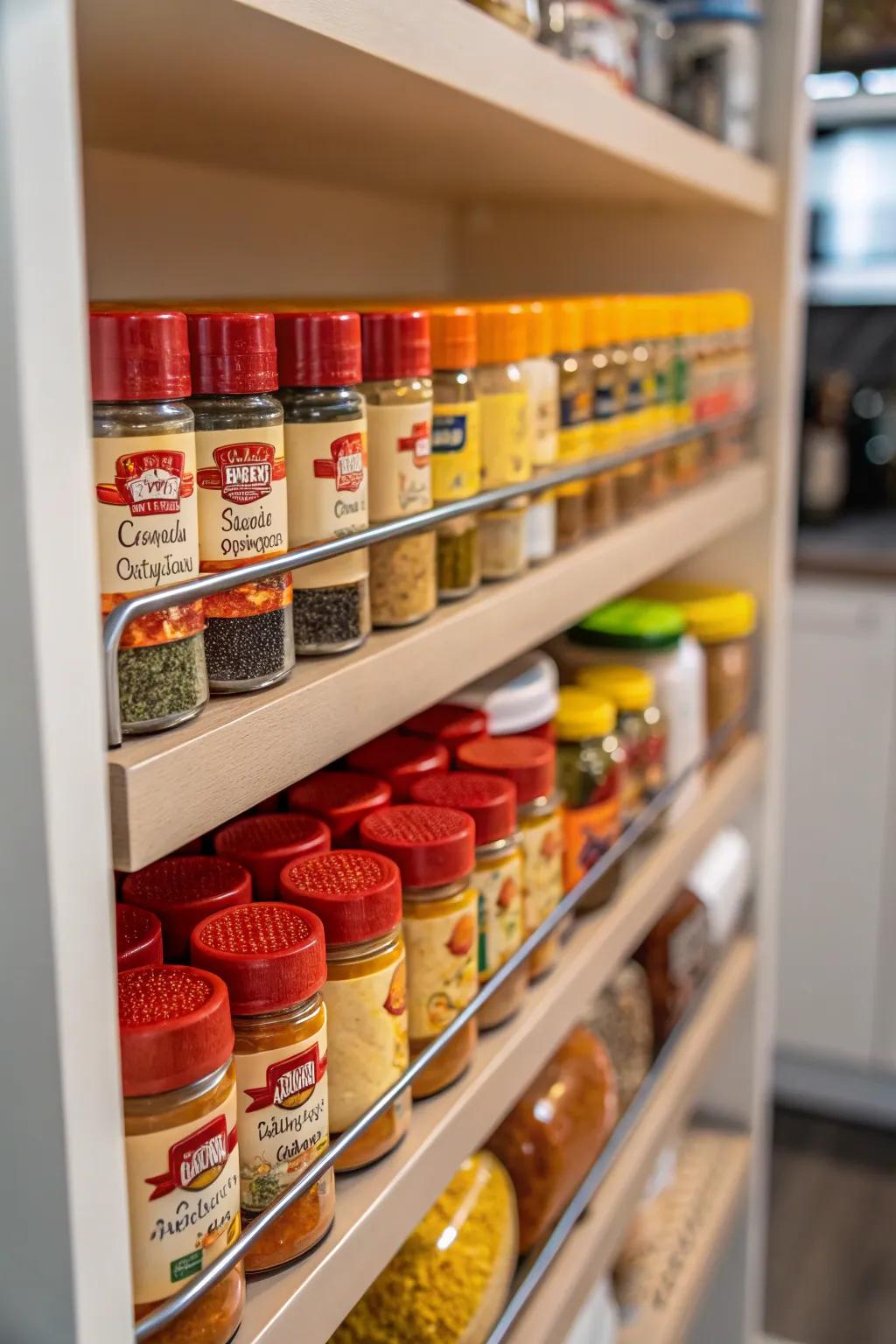 A slim cabinet that beautifully organizes spices in neatly organized jars.