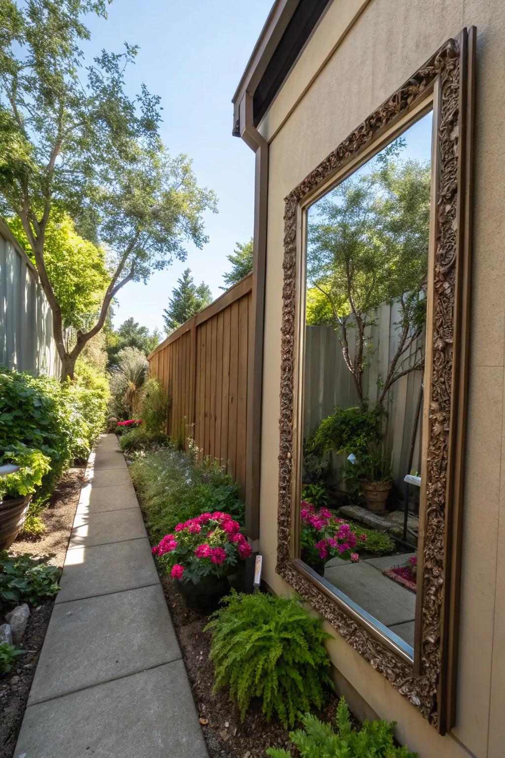 Mirrors can create an illusion of more space and light in narrow yards.